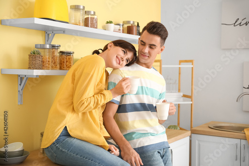 Happy young couple drinking tea in kitchen © Pixel-Shot