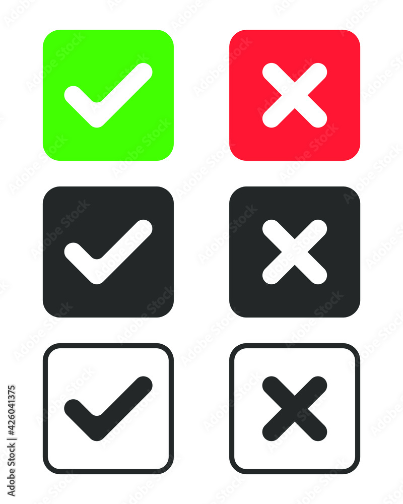 Check mark icons set. Tick and cross symbols. Buttons with checkmark and cross. Marks isolated on white background. Vector illustration Check mark icons set. Tick and cross symbols. Buttons with checkmark and cross. Marks isolated on white background. Vector illustration