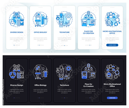 Workplace tendency onboarding mobile app page screen with concepts. Design diversity walkthrough 5 steps graphic instructions. UI, UX, GUI vector template with linear night and day mode illustrations