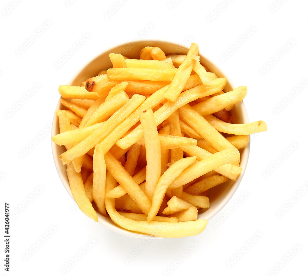 Bowl with tasty french fries on white background Bowl with tasty french fries on white background