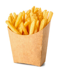 Paper box with tasty french fries on white background