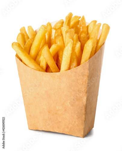 Tableau sur toile Paper box with tasty french fries on white background