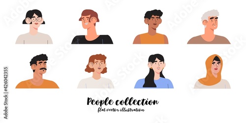 Set of vector drawings of trendy young business people or office worker for social media, ui, web avatars or icons isolated on white background. Diverse character portrait in minimalistic style.