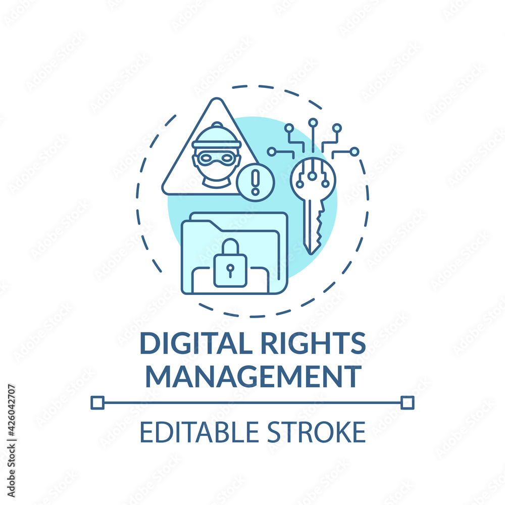 Digital rights management concept icon. Anti-competitive practice idea thin line illustration. Copyrighted works use restriction. Vector isolated outline RGB color drawing. Editable stroke Digital rights management concept icon. Anti-competitive practice idea thin line illustration. Copyrighted works use restriction. Vector isolated outline RGB color drawing. Editable stroke