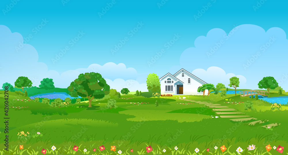 Summer glade with a white house, ponds, green trees and flowers. Summer country landscape. Vector Illustration