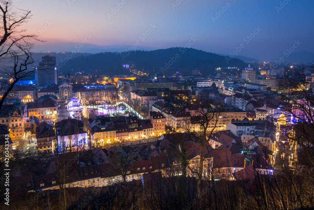 Ljubljana city in the evening, Slovenia. Elevated view of old European city light