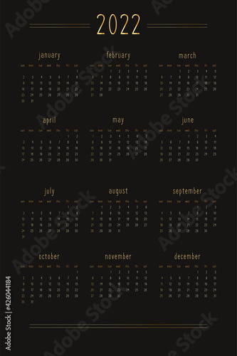 2022 calendar for personal planner diary notebook, gold on black luxury rich style. Vertical portrait format. Week starts on sunday