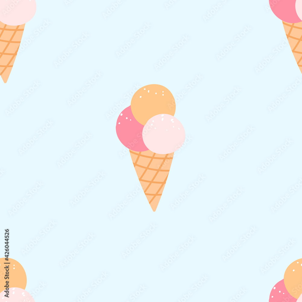 Ice cream seamless pattern for textile, wrapping paper, fabric. Cute kids summer background.