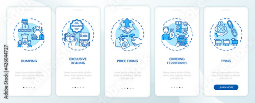 Anti-competitive policy onboarding mobile app page screen with concepts. Dump, price fix, tying walkthrough 5 steps graphic instructions. UI, UX, GUI vector template with linear color illustrations