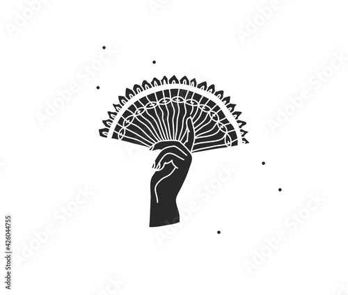 Hand drawn vector abstract stock flat graphic illustration with logo elements , hand holding a chinesee fan line and silhouette,magic art in simple style for branding,isolated on white background photo