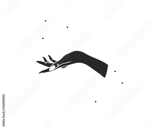 Hand drawn vector abstract stock flat graphic illustration with logo elements ,woman magic black silhouette hand touch in simple style for branding ,isolated on white background