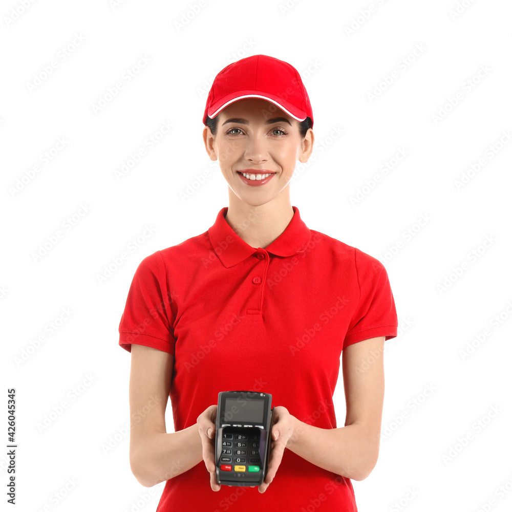 Female courier with payment terminal on white background Female courier with payment terminal on white background