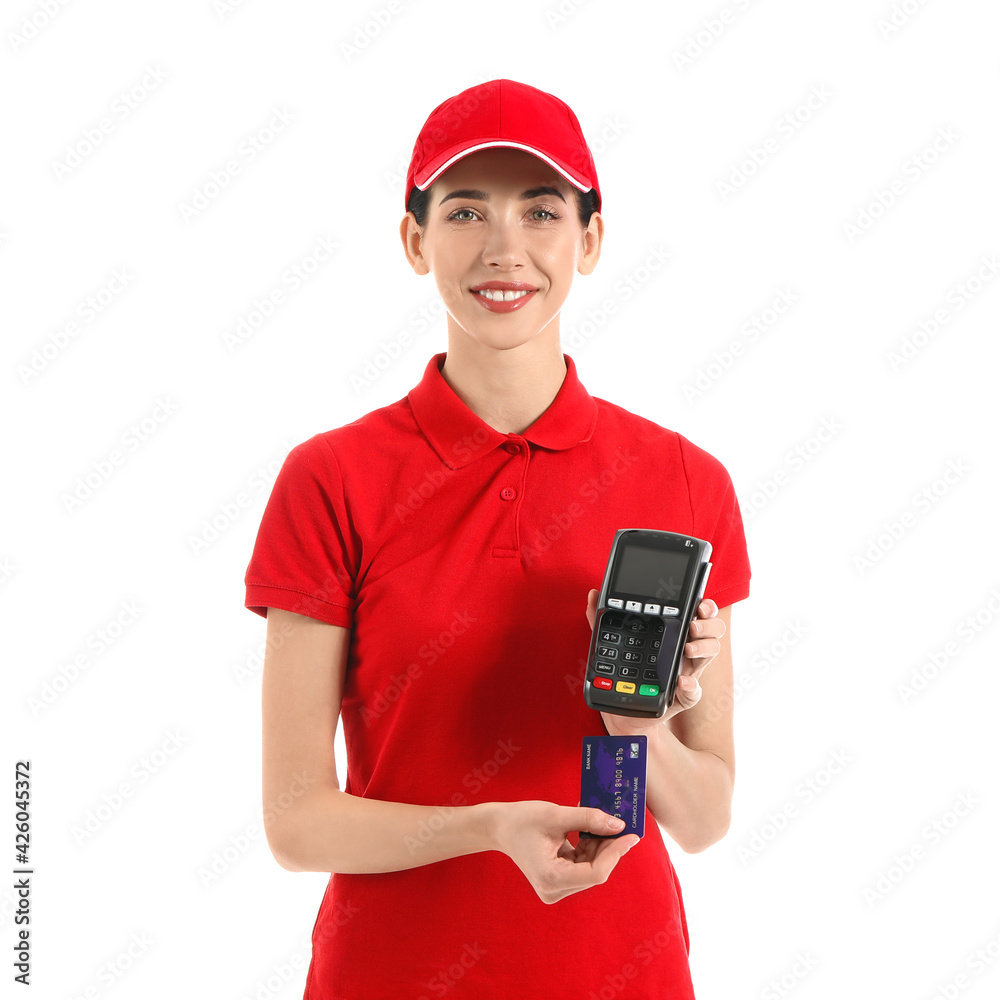 Female courier with payment terminal and credit card on white background Female courier with payment terminal and credit card on white background
