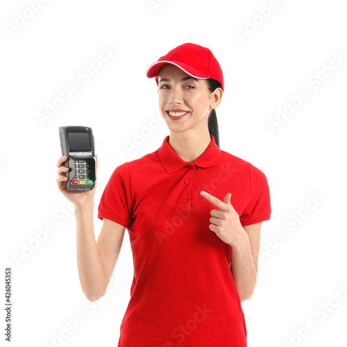 Smiling woman in red unifor...