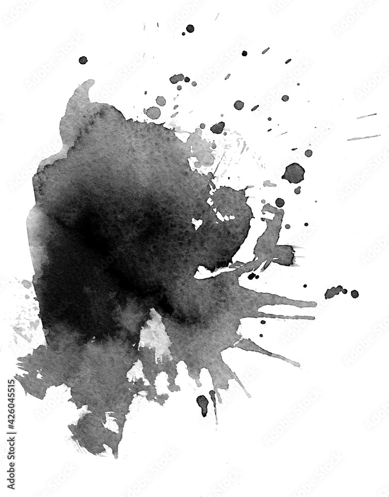 Watercolor background for textures. Abstract watercolor background. Spray paint, ink stains on the paper. Black, monochrome