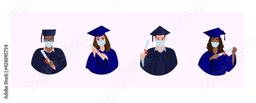 Happy graduates in black gowns and tassel hats. In the hands of diplomas. People of different nationalities, Afro people. Isolated. Concept. Cartoon style. Distance medical mask. Vector illustration