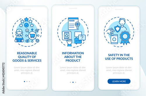 Consumer rights onboarding mobile app page screen with concepts. Reasonable products quality walkthrough 3 steps graphic instructions. UI, UX, GUI vector template with linear color illustrations