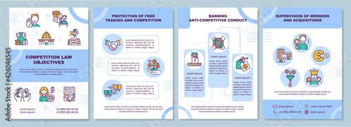 Competition law objectives brochure template. Protection of trading. Flyer, booklet, leaflet print, cover design with linear icons. Vector layouts for presentation, annual reports, advertisement pages