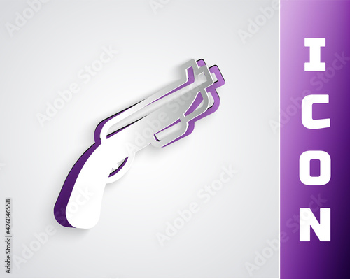 Paper cut Police shotgun icon isolated on grey background. Hunting shotgun. Paper art style. Vector