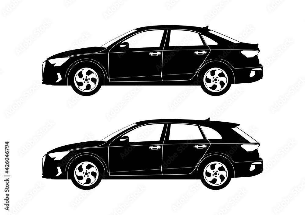 Silhouettes of modern sedan and station wagon cars. Side view. Flat vector.
