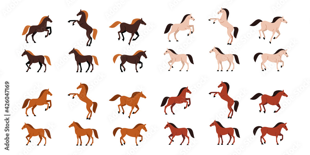 Cartoon horse. Animal in various poses. Contour vector illustration for emblem, badge, insignia, postcard.