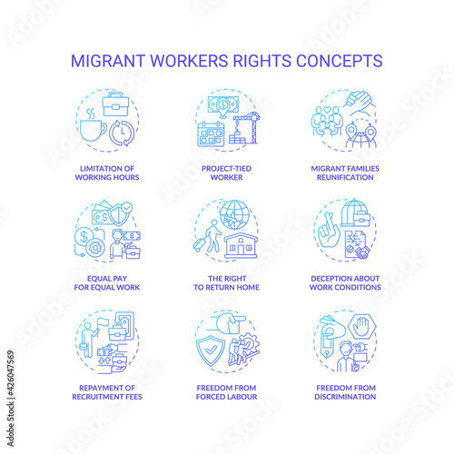 Migrant worker right blue gradient concept icons set. Limitation of working hours. Project tied. Immigrant labor idea thin line RGB color illustrations. Vector isolated outline drawings