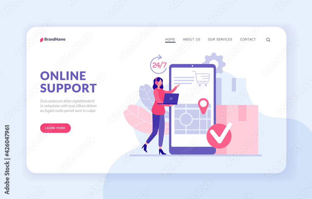 Technical support 24 7. Landing page website banner template. Noctidial customer support concept. Female character operator with headphones and laptop accepts order specifies client address Technical support 24 7. Landing page website banner template. Noctidial customer support concept. Female character operator with headphones and laptop accepts order specifies client address
