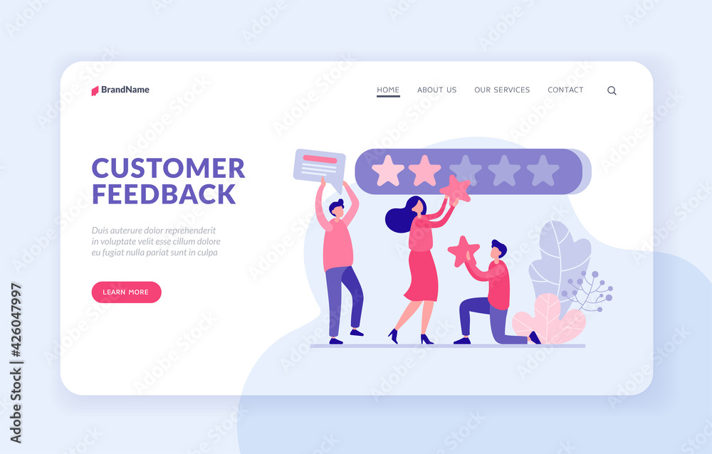 Customer feedback landing page website banner vector template. Users rate app online concept. Male and female characters attach red quality stars stores web panel