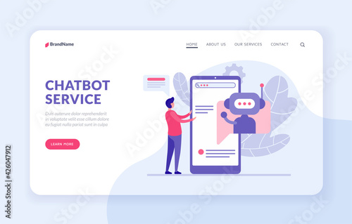 Chatbot service landing page template with flat vector illustration. Chatbot assistants to buyer. Bot application concept. Male character comunicate with artificial Intelligence program in smartphone