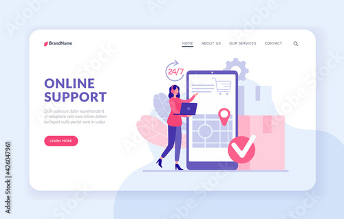 Technical support 24 7. Landing page website banner template. Noctidial customer support concept. Female character operator with headphones and laptop accepts order specifies client address