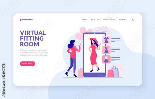 Virtual fitting room landing page website banner vector template. Woman trying clothes in web application. Female character chooses red dress and hat from online store and virtually dresses them
