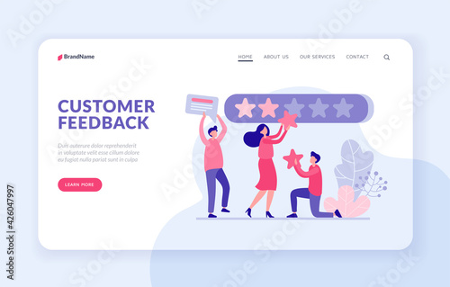 Customer feedback landing page website banner vector template. Users rate app online concept. Male and female characters attach red quality stars stores web panel