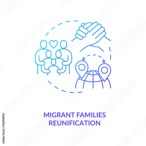 Migrant families reunification blue gradient concept icon. Parents with children together abroad. Immigrant worker rights idea thin line illustration. Vector isolated outline RGB color drawing