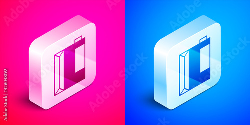 Isometric Paper package for kefir icon isolated on pink and blue background. Dieting food for healthy lifestyle and probiotics fulfillment. Silver square button. Vector