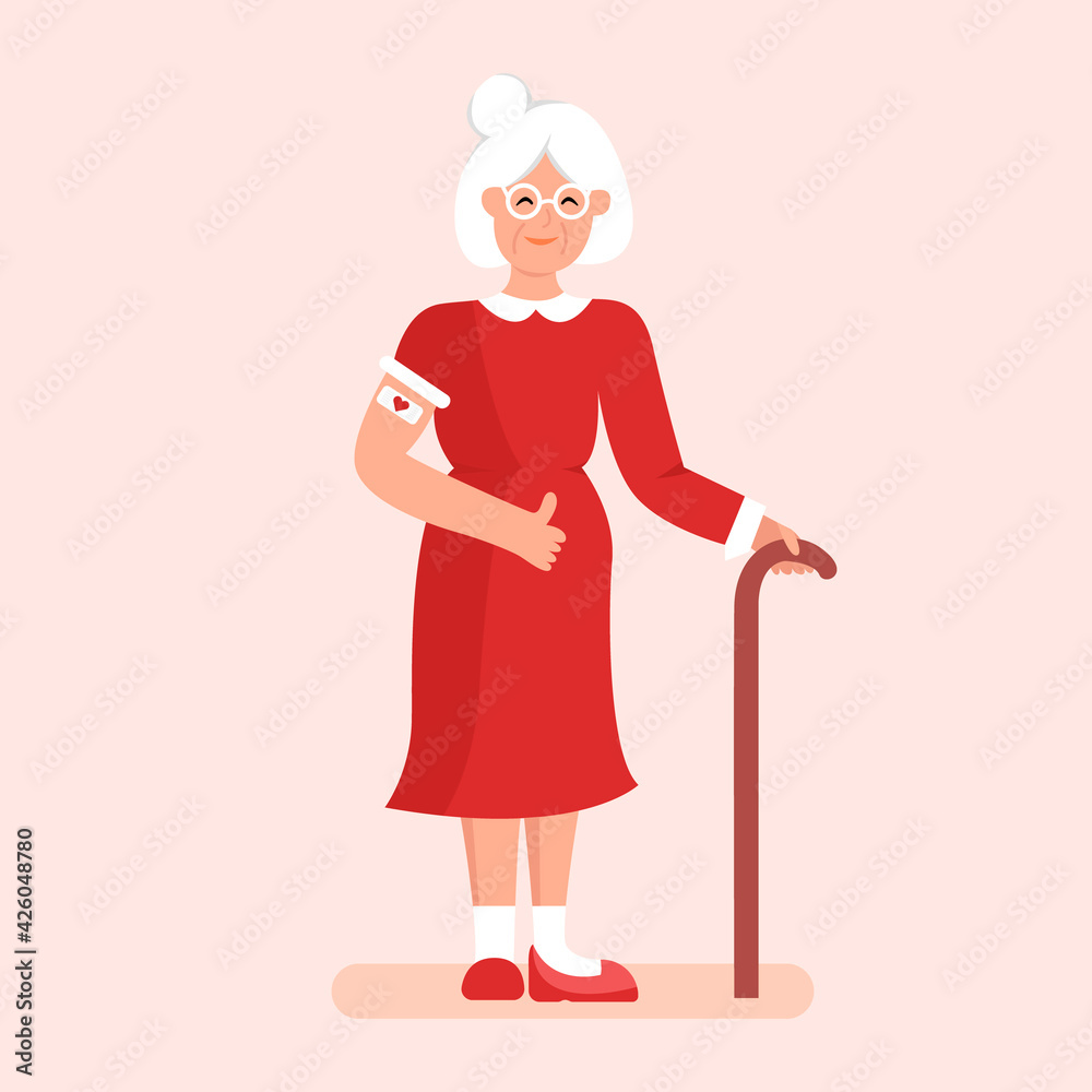 Vaccination for senior people. Elderly woman pulls up the sleeve of her dress to reveal the vaccination bandage. Coronavirus vaccination. Vector illustration in flat style for poster, flyer. Eps 10. Vaccination for senior people. Elderly woman pulls up the sleeve of her dress to reveal the vaccination bandage. Coronavirus vaccination. Vector illustration in flat style for poster, flyer. Eps 10.