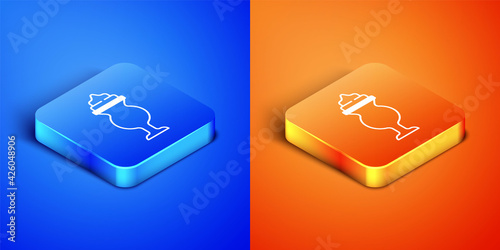 Isometric Milkshake icon isolated on blue and orange background. Plastic cup with lid and straw. Square button. Vector