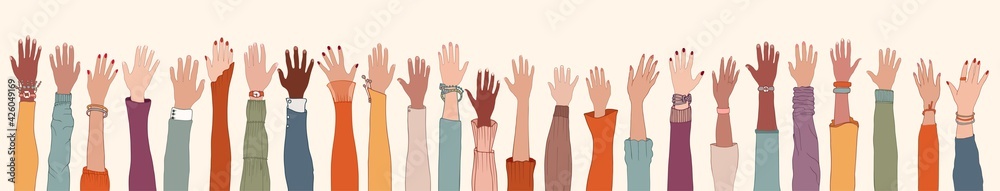 Group of many raised arms and hands.Diversity multiethnic people. Men and women of diverse culture and nations. Racial equality. Coexistence harmony. Multicultural community integration Group of many raised arms and hands.Diversity multiethnic people. Men and women of diverse culture and nations. Racial equality. Coexistence harmony. Multicultural community integration