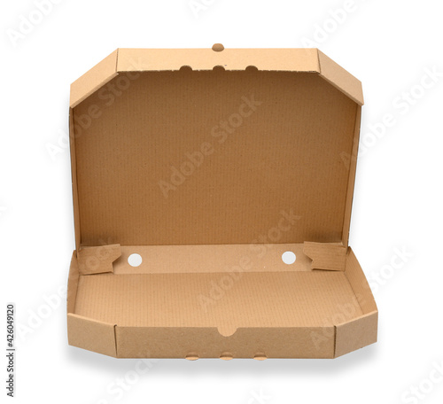 open empty cardboard square pizza box, brown paper packaging isolated on white background