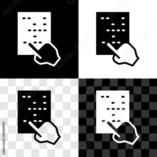 Set Braille icon isolated on black and white, transparent background. Finger drives on points. Writing signs system for blind or visually impaired people. Vector