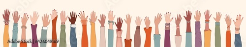Group of many raised arms and hands.Diversity multiethnic people. Men and women of diverse culture and nations. Racial equality. Coexistence harmony. Multicultural community integration