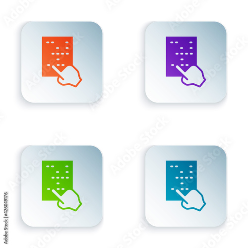 Color Braille icon isolated on white background. Finger drives on points. Writing signs system for blind or visually impaired people. Set colorful icons in square buttons. Vector