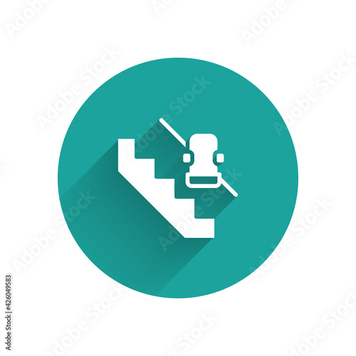 White Disabled access elevator lift escalator icon isolated with long shadow. Movable mechanical chair platform for handicapped human. Green circle button. Vector
