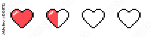 Set of pixel hearts with video games isolated on white background. '8-bit style. Vector illustration