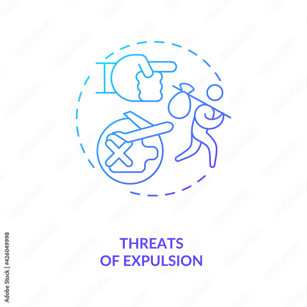 Threats of expulsion blue gradient concept icon. Illegal firing, foreign employee abuse. Migrant worker rights idea thin line illustration. Vector isolated outline RGB color drawing Threats of expulsion blue gradient concept icon. Illegal firing, foreign employee abuse. Migrant worker rights idea thin line illustration. Vector isolated outline RGB color drawing