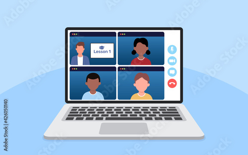 Online learning webinars from home via Teleconference Web Video Conference Call During Coronavirus COVID-19 Pandemic Outbreak Display on Screen. vector illustration.Editable