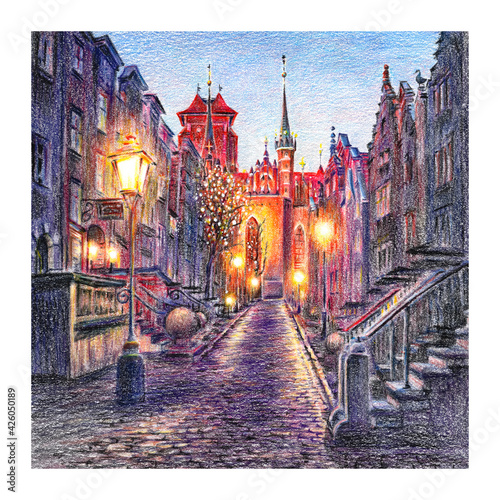 Coplored pencils sketch of night street Mariacka, St Mary street in Gdansk Old Town, Poland