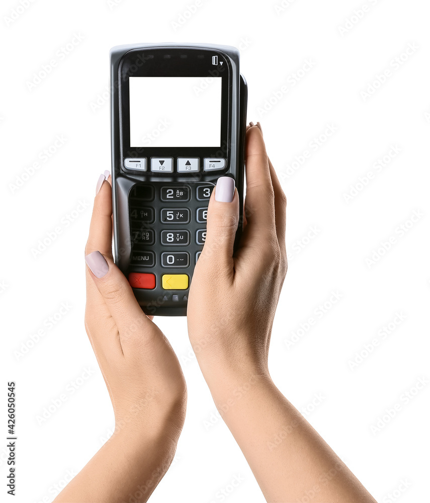 Female hands with payment terminal on white background Female hands with payment terminal on white background
