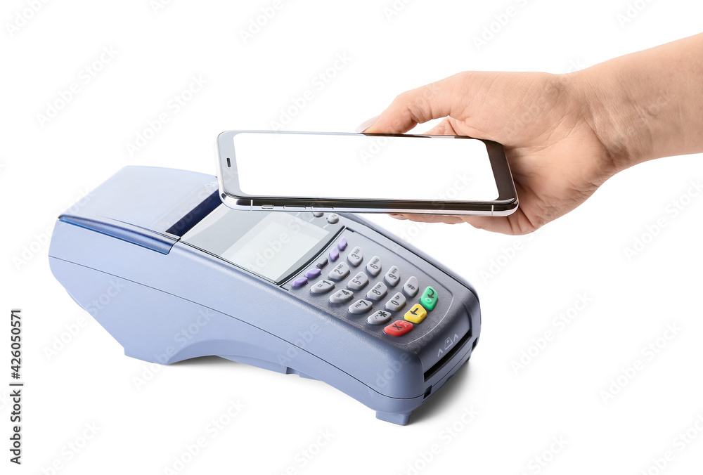 Female hand with mobile phone and payment terminal on white background Female hand with mobile phone and payment terminal on white background
