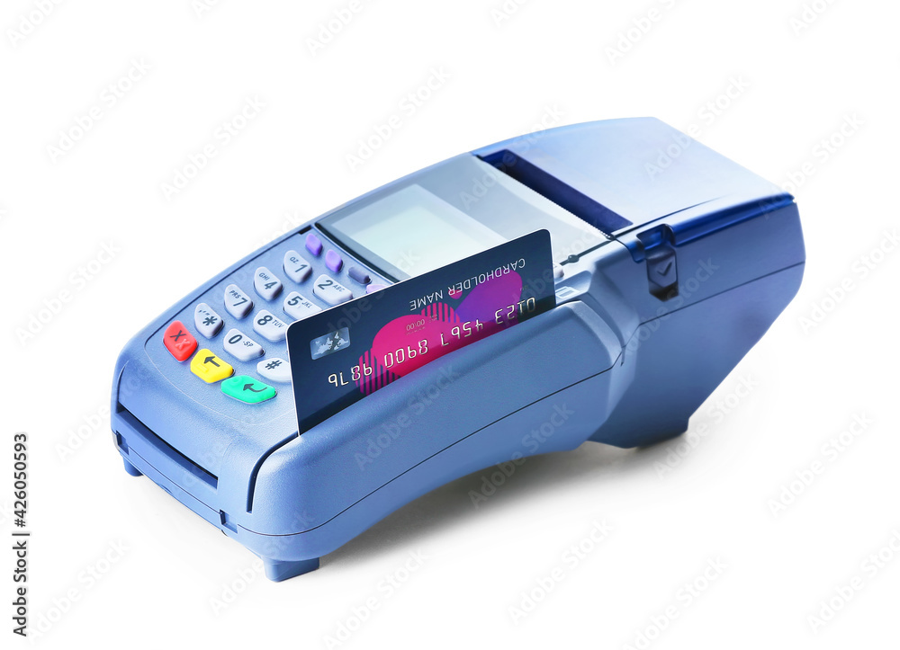 Payment terminal with credit card on white background Payment terminal with credit card on white background