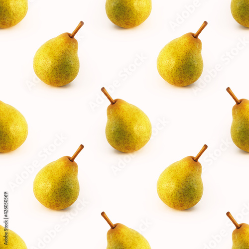 seamless pattern with ripe pear on a white background, fruit background for a banner and printing on fabric and paper, yellow-green pear with a pod